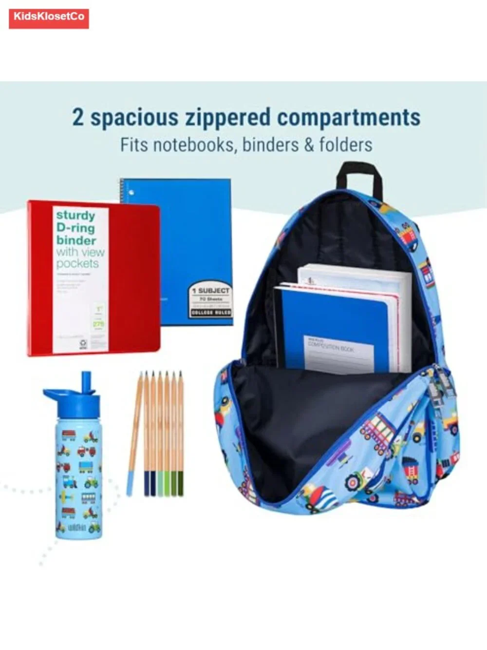 15 Inch Backpack for Kids, Trains, Planes, Trucks, Ages 5-10, Padded Straps